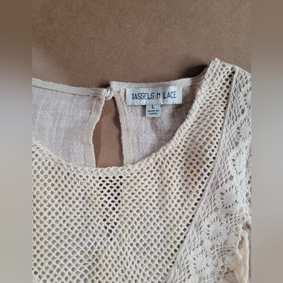 Tassels & Lace Linen Blend Boho Fringe Beige Top Size-L - Picture 5 of 7